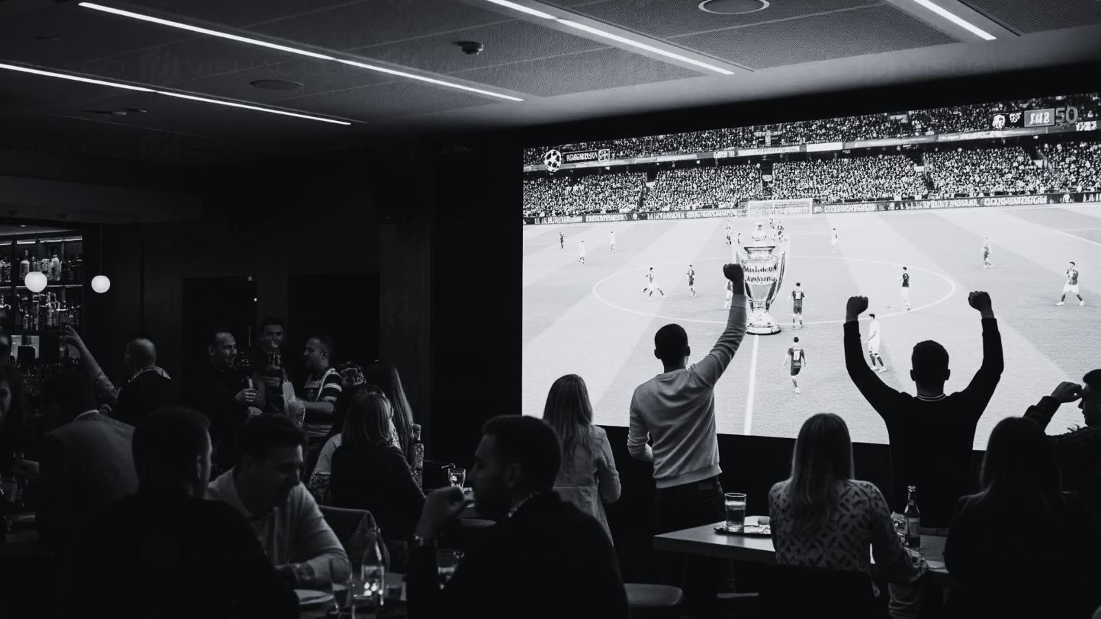 A crowd cheers in front of a large LED screen showing a sports match.